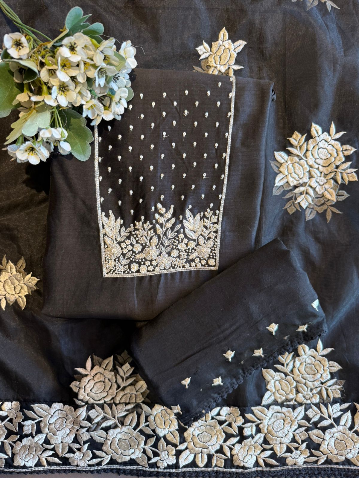 Timeless outfit elevated with white thread floral embroidery