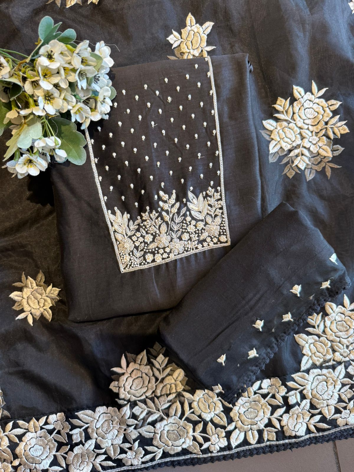 Timeless outfit elevated with white thread floral embroidery