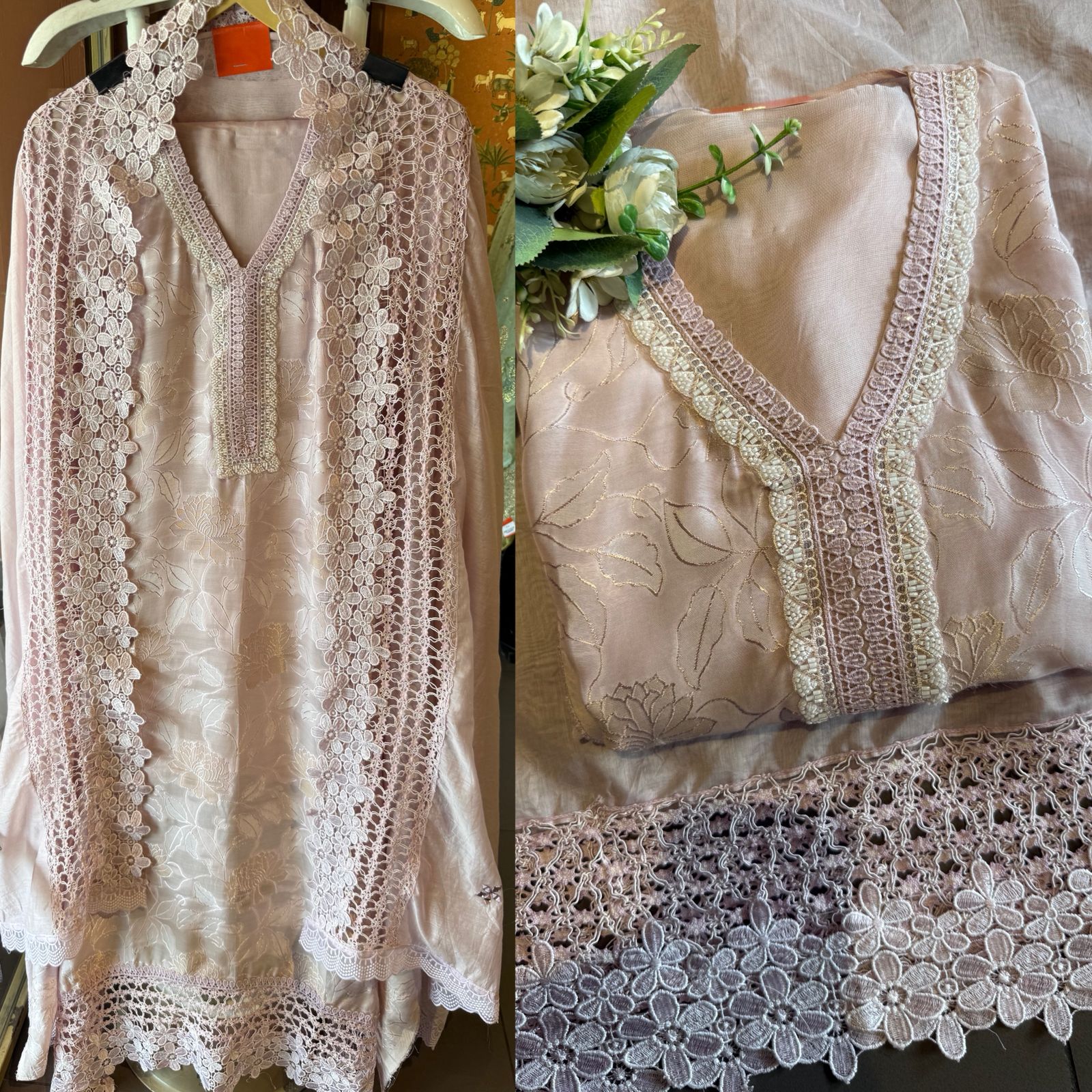 Floral Lace Elegant Unstitched Suit Set