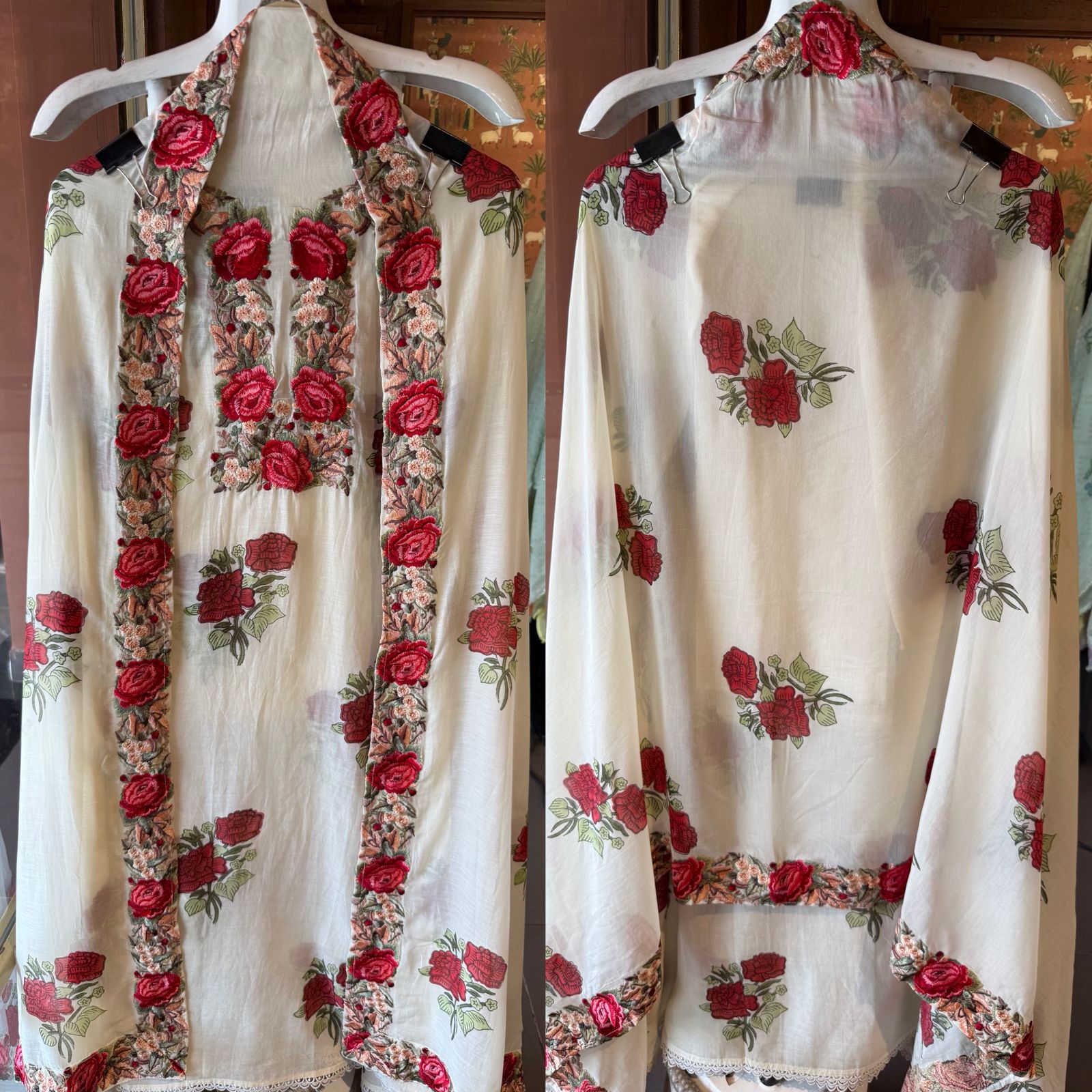 Elegant ensemble elevated with statement red rose embroidery