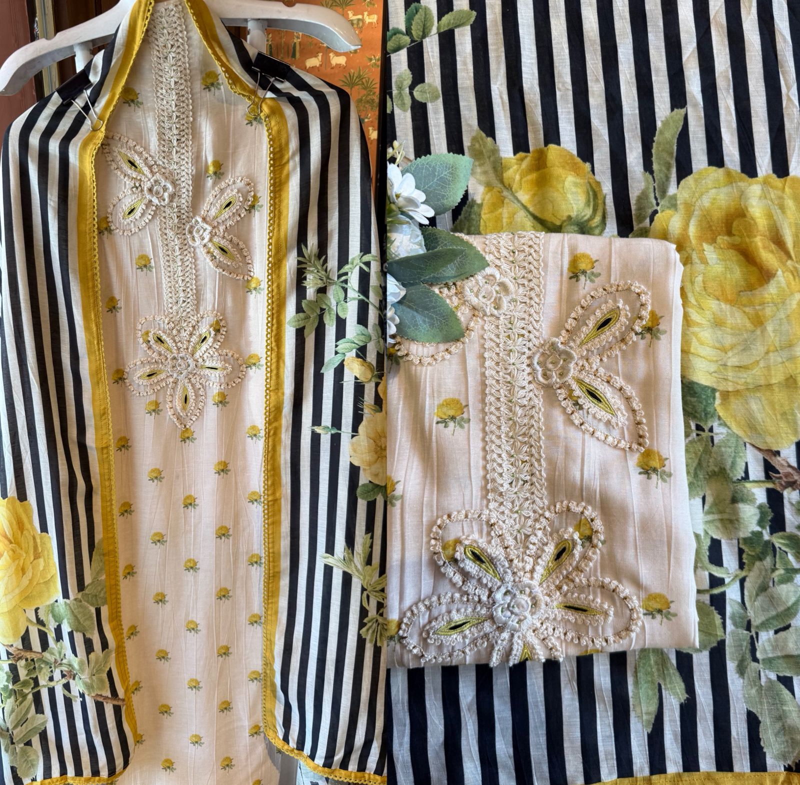 Ivory Floral Unstitched Set with Statement Dupatta