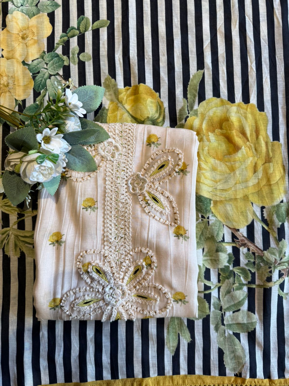 Ivory Floral Unstitched Set with Statement Dupatta