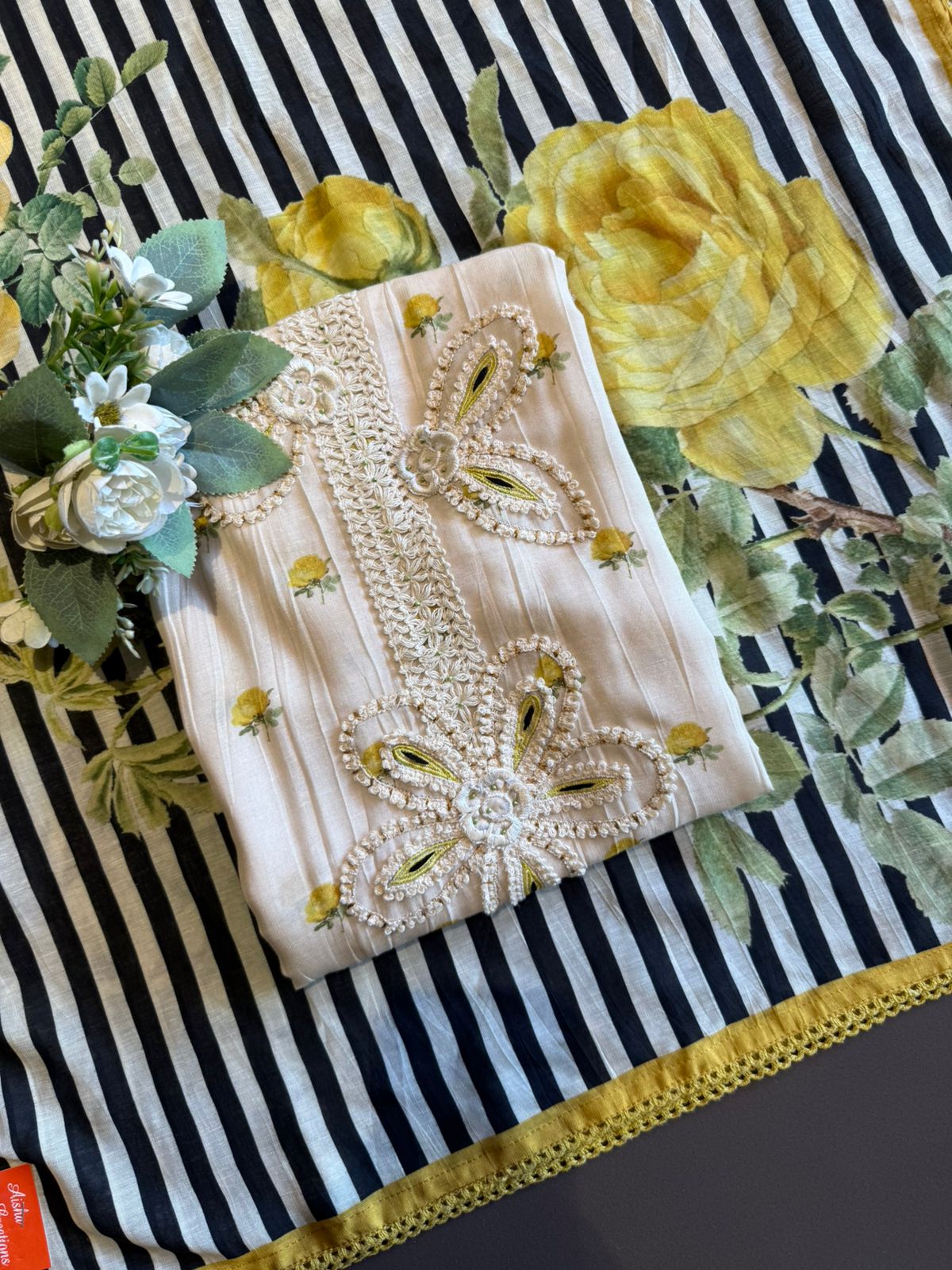 Ivory Floral Unstitched Set with Statement Dupatta