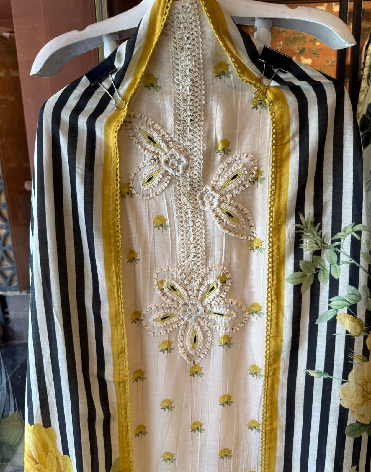 Ivory Floral Unstitched Set with Statement Dupatta