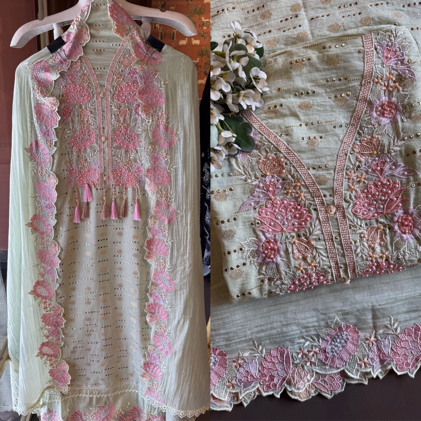 Soft pink hues floral embroidery Suit