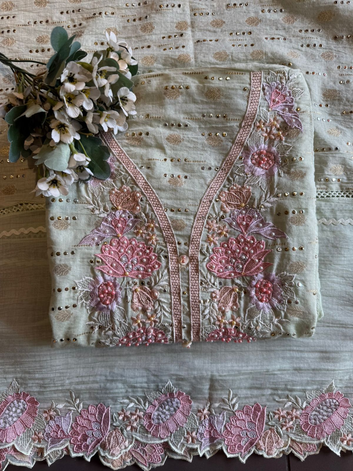 Soft pink hues floral embroidery Suit