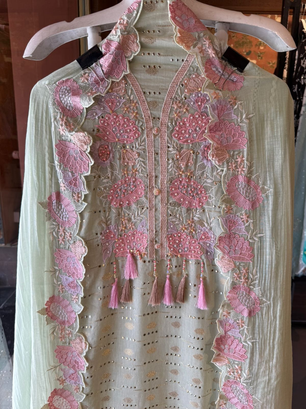 Soft pink hues floral embroidery Suit