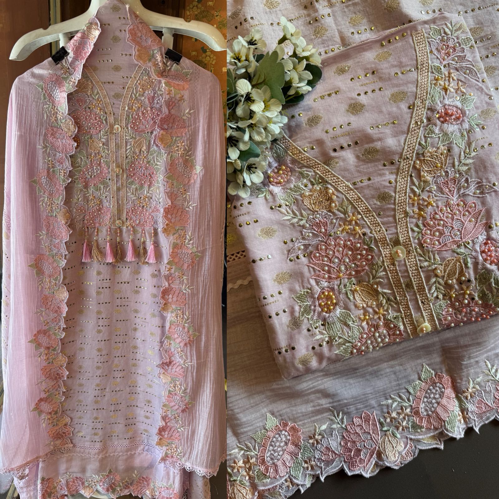 Soft pink hues floral embroidery Suit