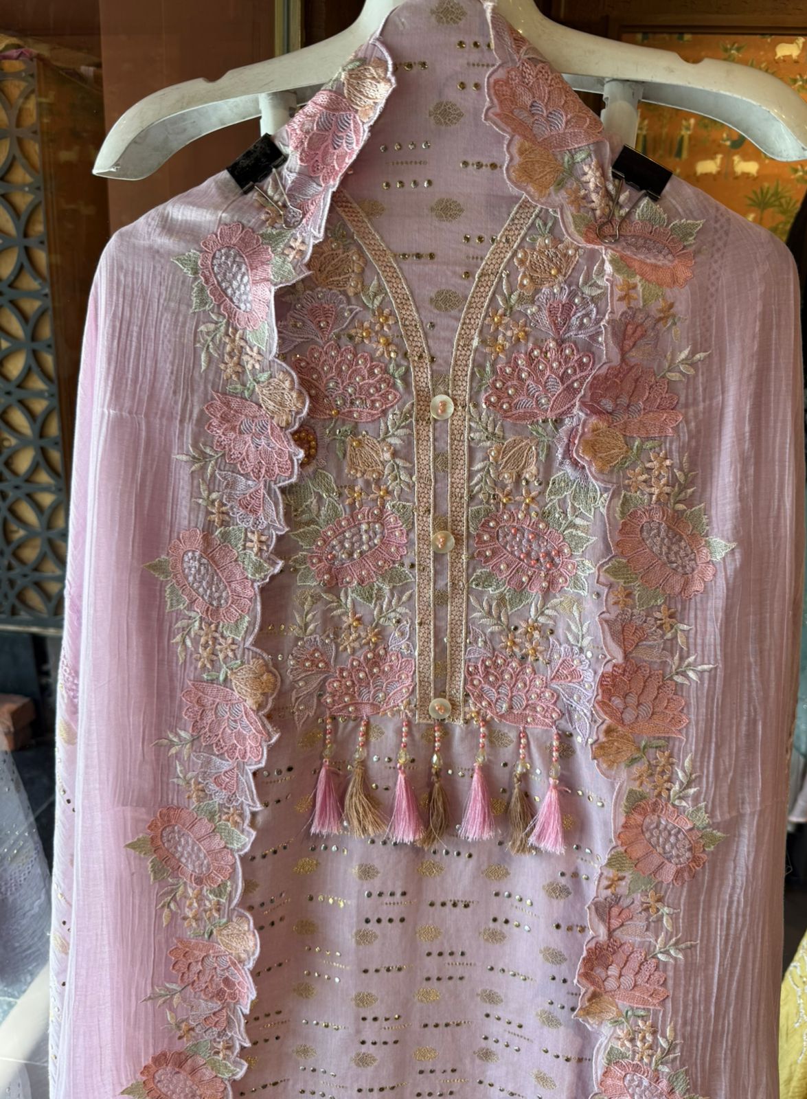Soft pink hues floral embroidery Suit