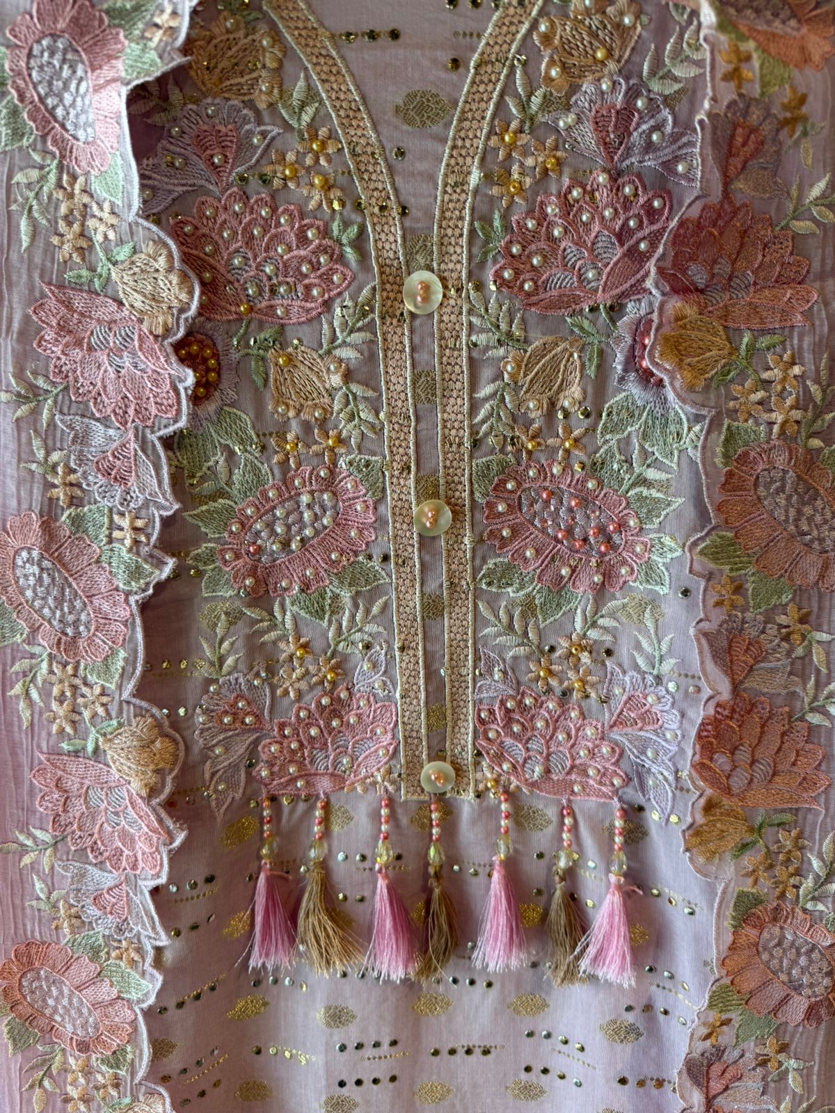 Soft pink hues floral embroidery Suit