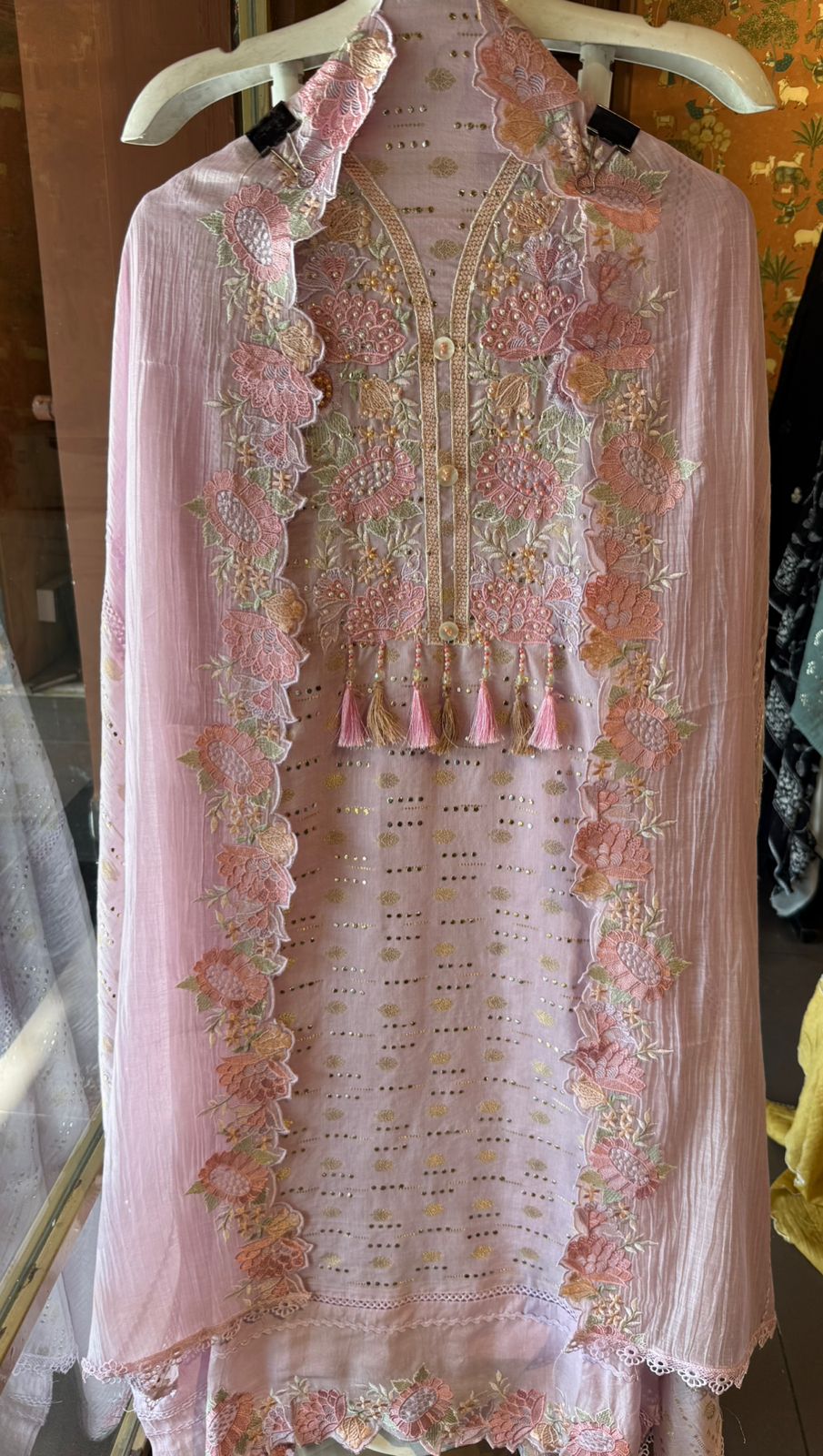 Soft pink hues floral embroidery Suit