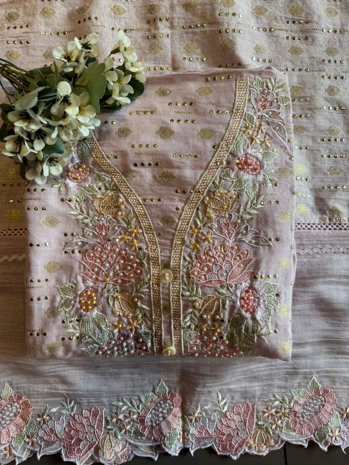 Soft pink hues floral embroidery Suit