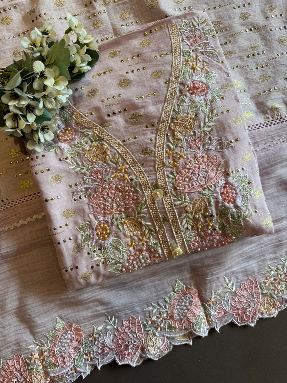 Soft pink hues floral embroidery Suit