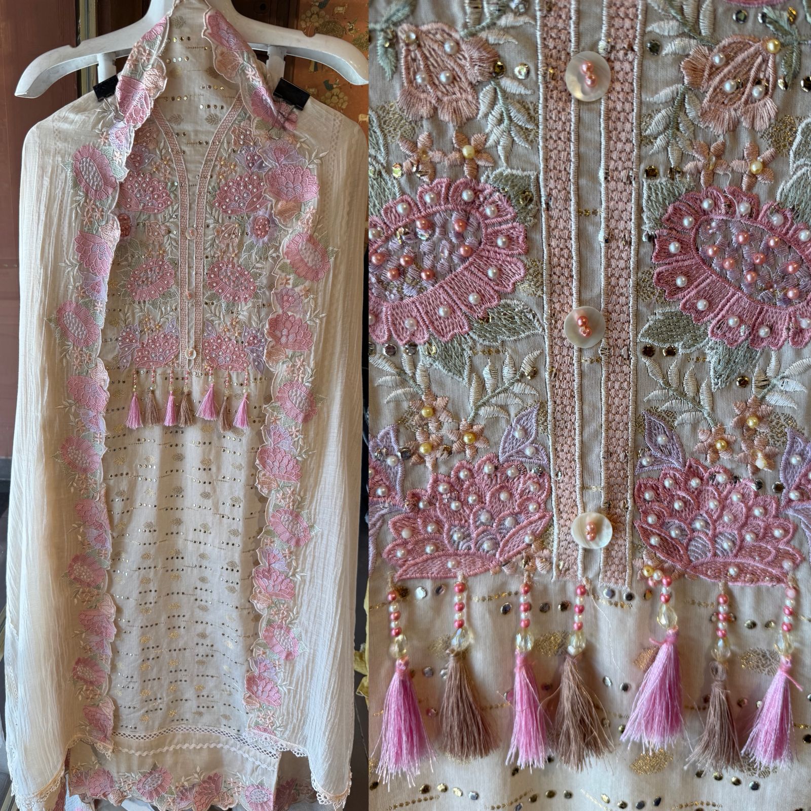 Soft pink hues floral embroidery Suit