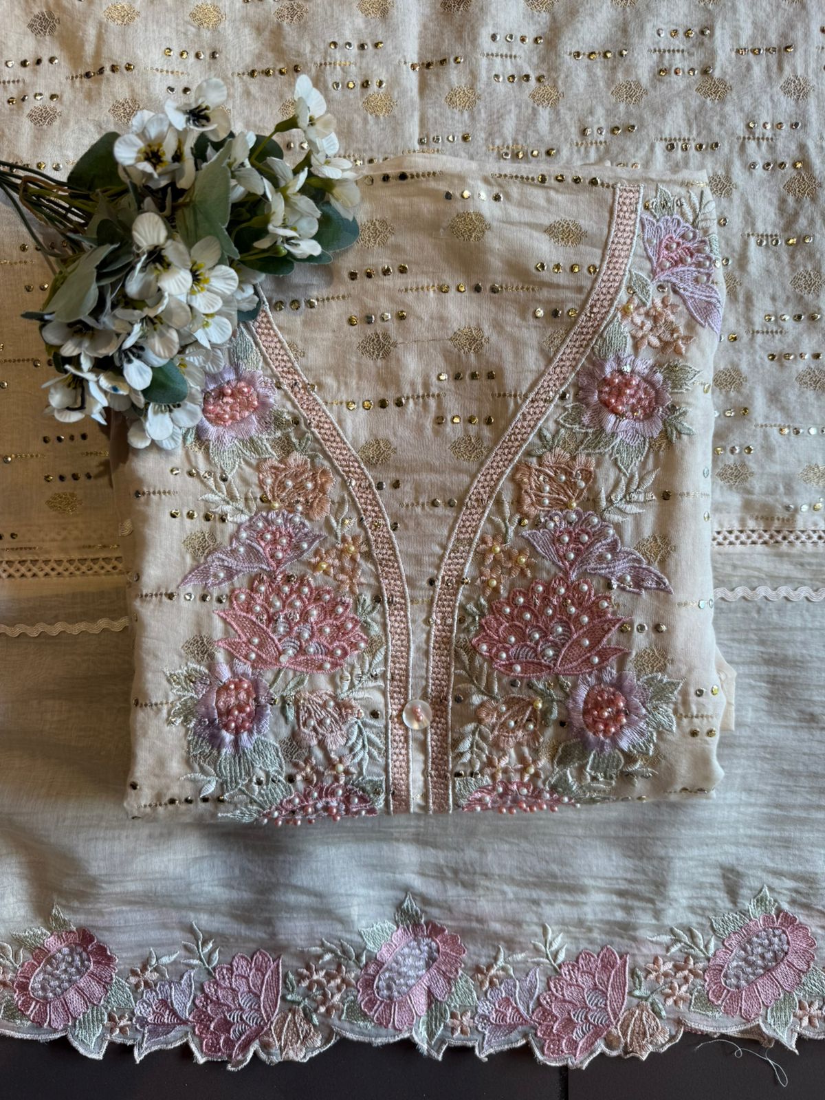 Soft pink hues floral embroidery Suit