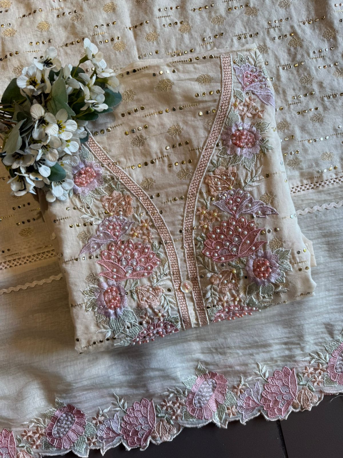 Soft pink hues floral embroidery Suit