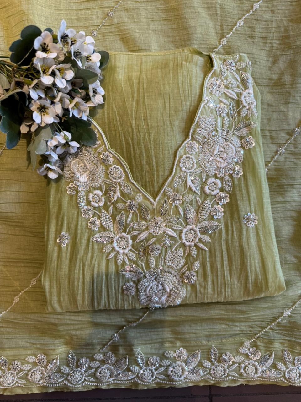 Pakistani handwork pieces On pure Mul chanderi