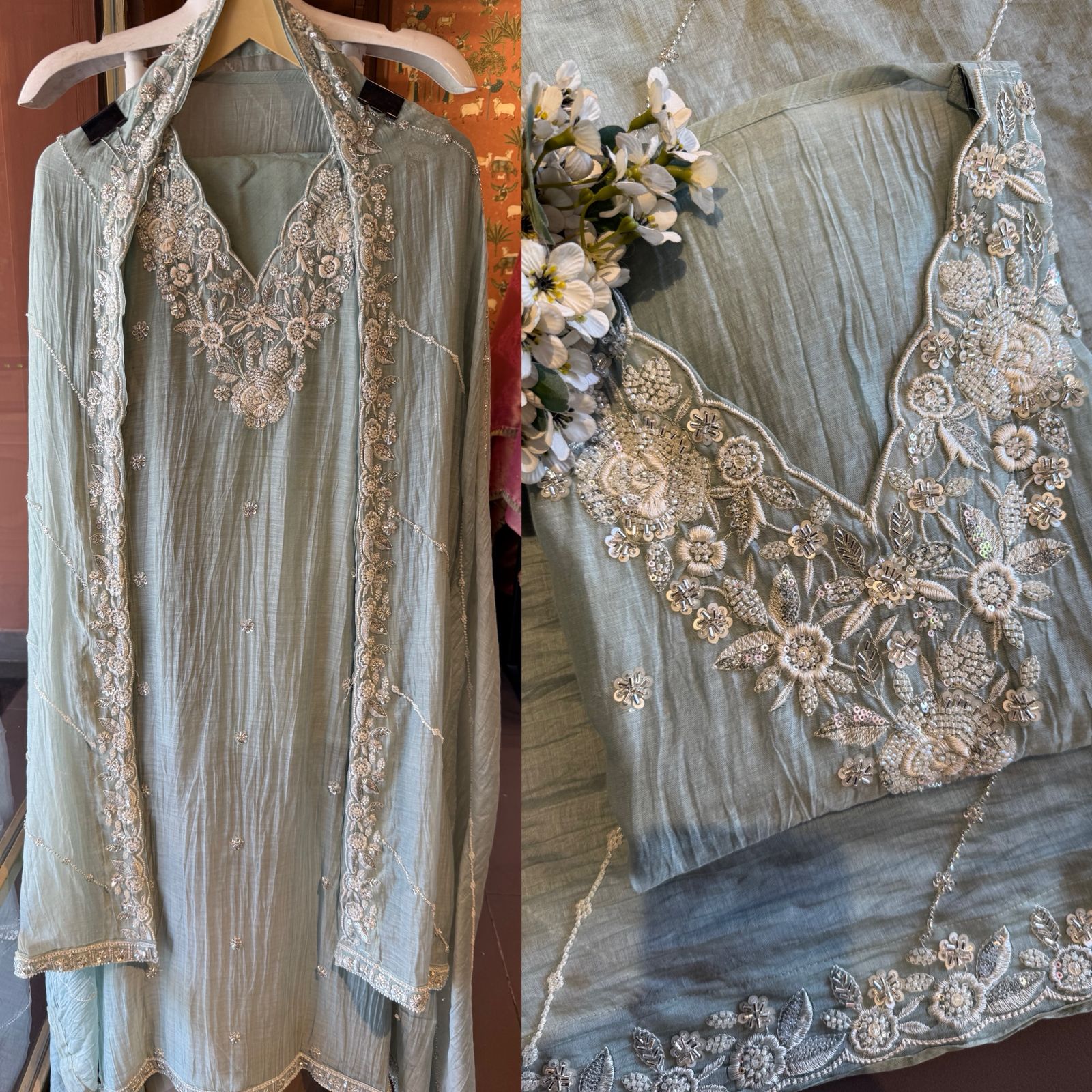 Pakistani handwork pieces On pure Mul chanderi