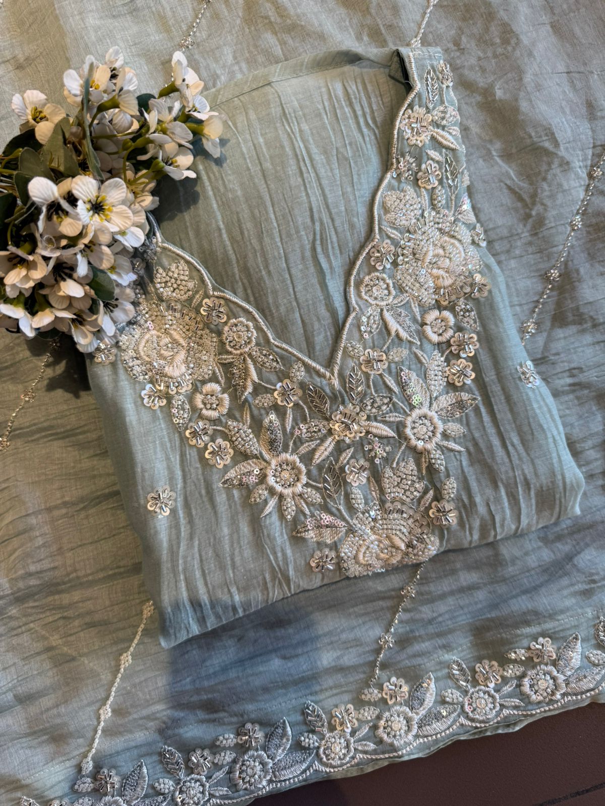 Pakistani handwork pieces On pure Mul chanderi