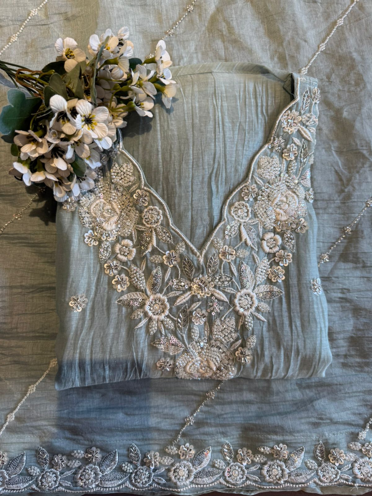 Pakistani handwork pieces On pure Mul chanderi