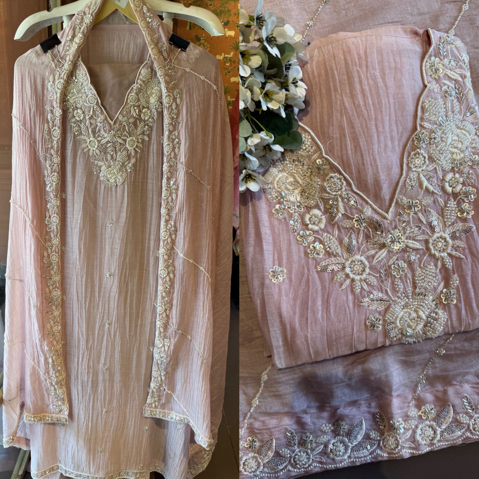 Pakistani handwork pieces On pure Mul chanderi