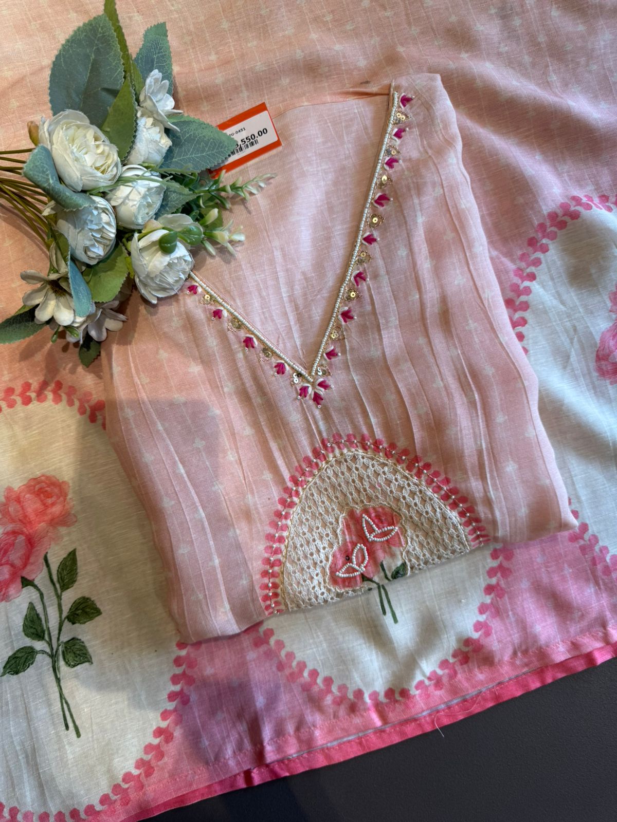 PINKY PEACH LACE DETAIL SUIT SET