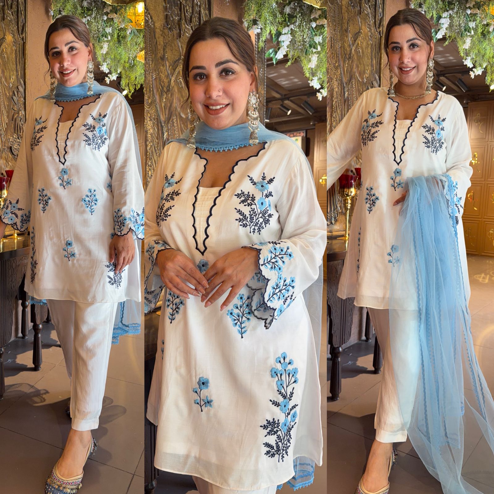 Embroidered Linen Kurta pants Set with Net Dupatta