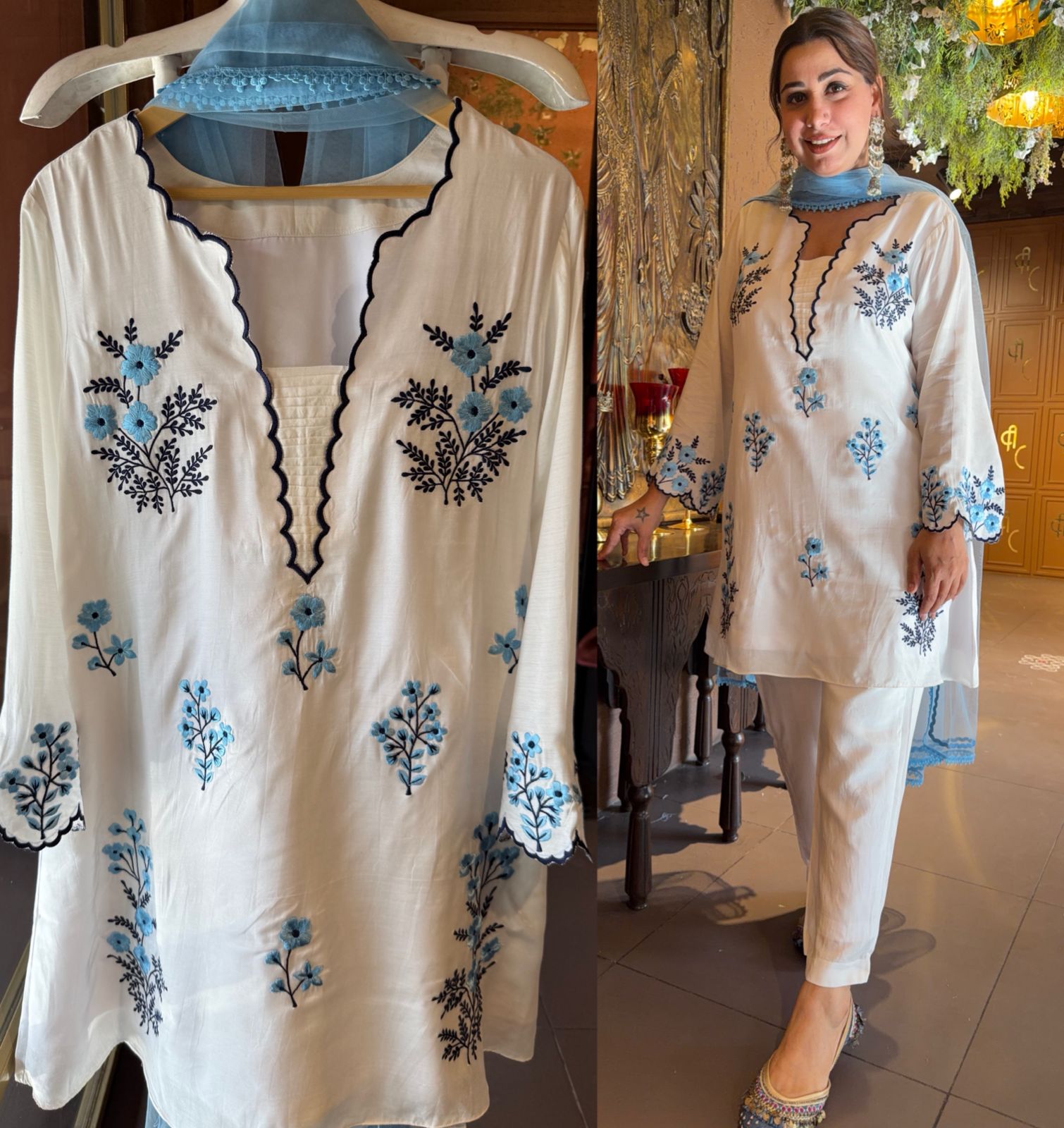 Embroidered Linen Kurta pants Set with Net Dupatta
