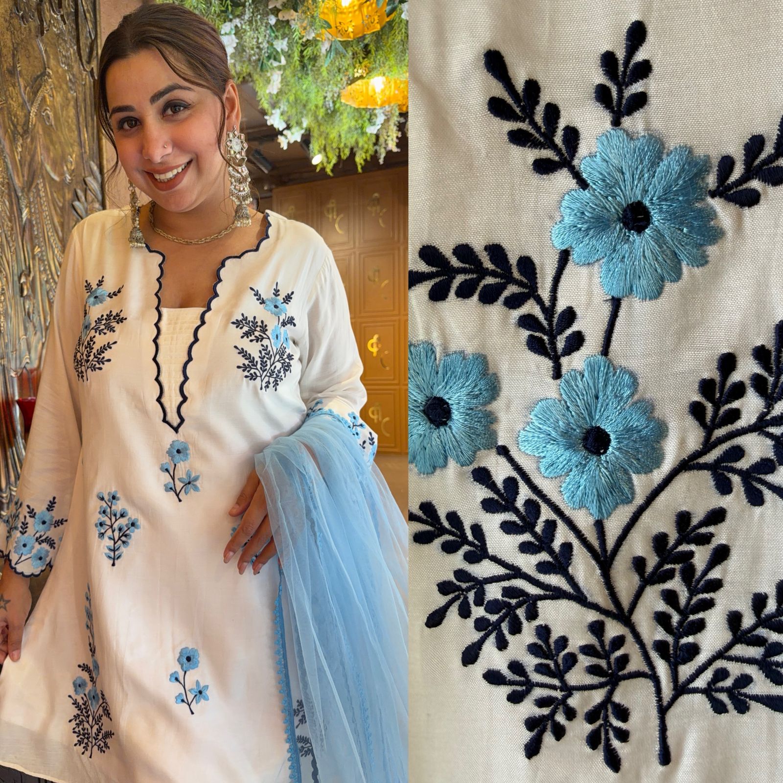 Embroidered Linen Kurta pants Set with Net Dupatta
