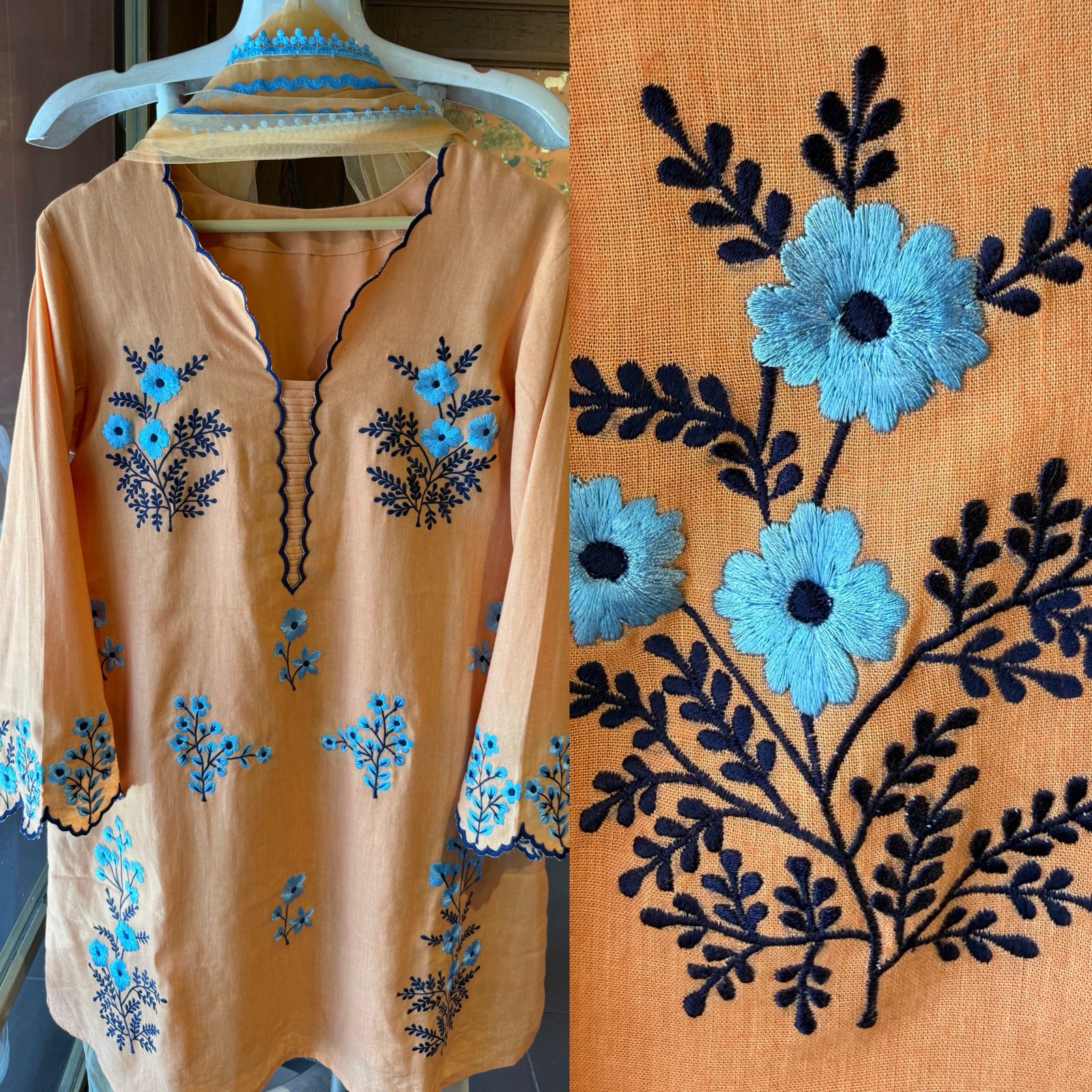 Embroidered Linen Kurta pants Set with Net Dupatta