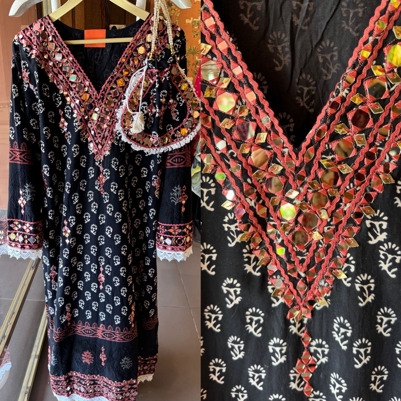 BLACK HAND BLOCK PRINTED MIRROR WORK SET