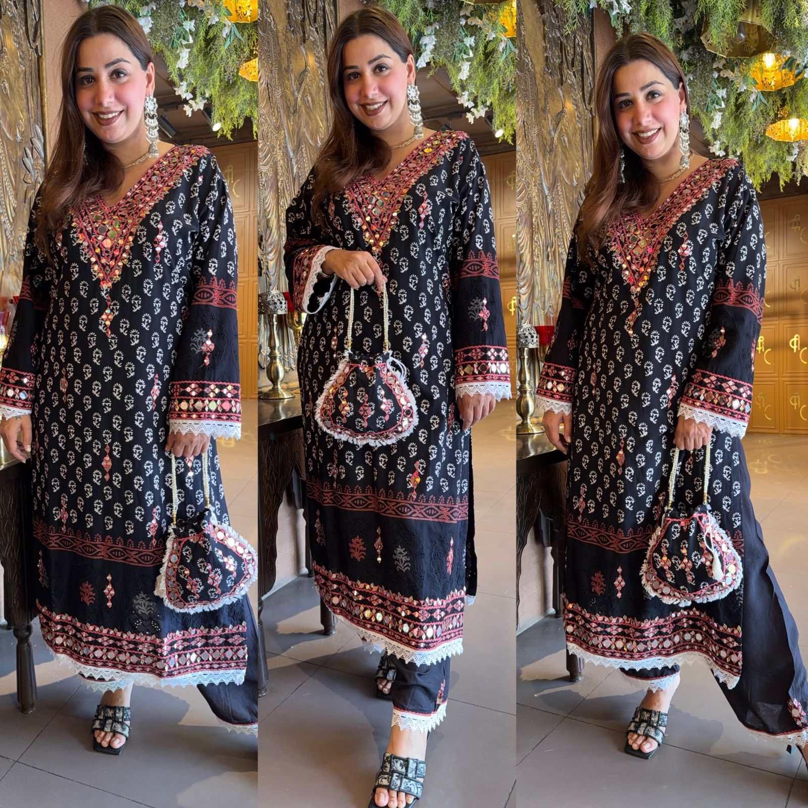 BLACK HAND BLOCK PRINTED MIRROR WORK SET