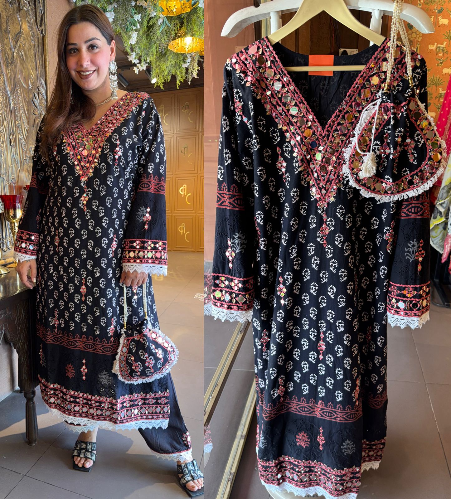 BLACK HAND BLOCK PRINTED MIRROR WORK SET