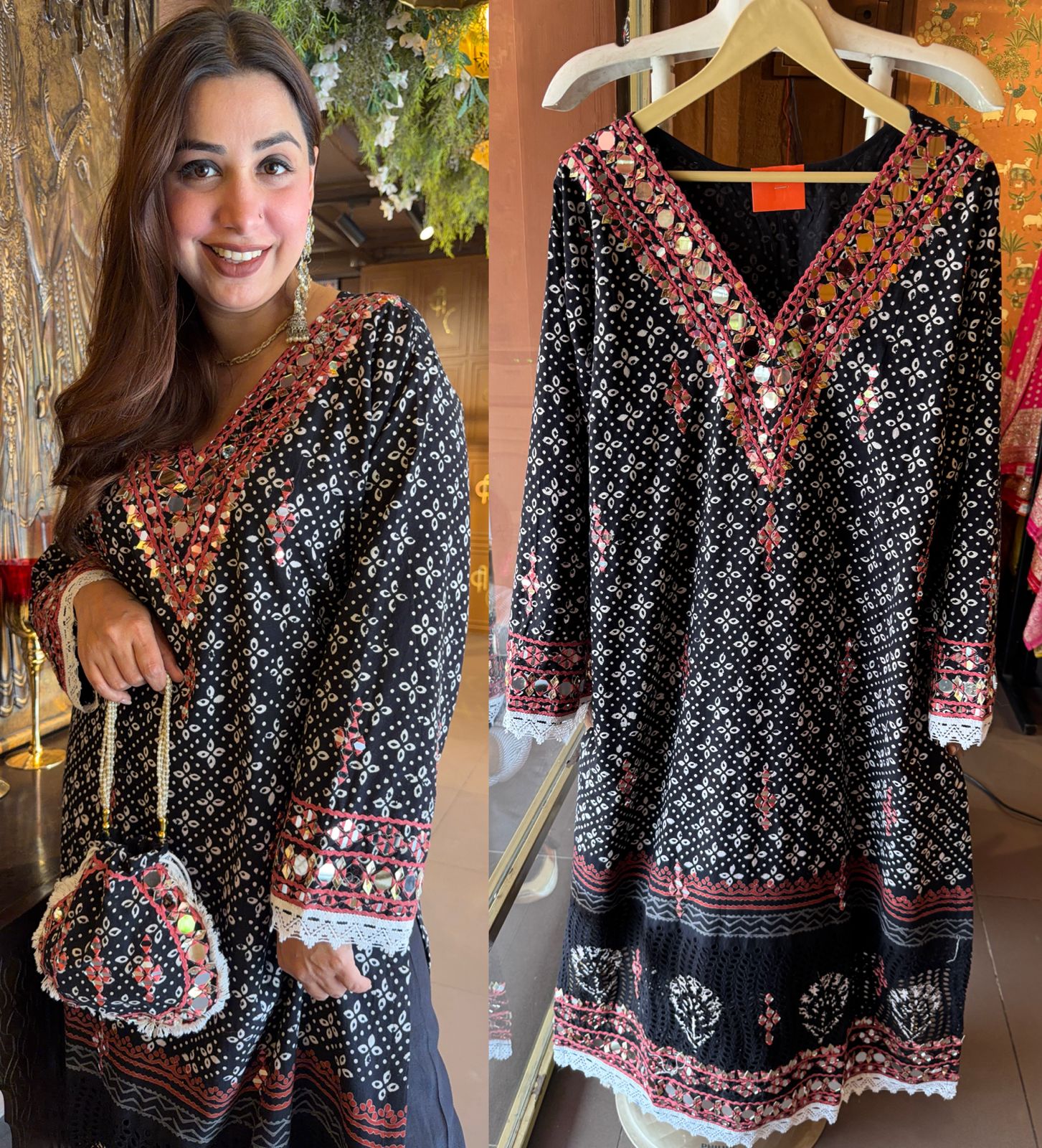 BLACK HAND BLOCK PRINTED MIRROR WORK SET