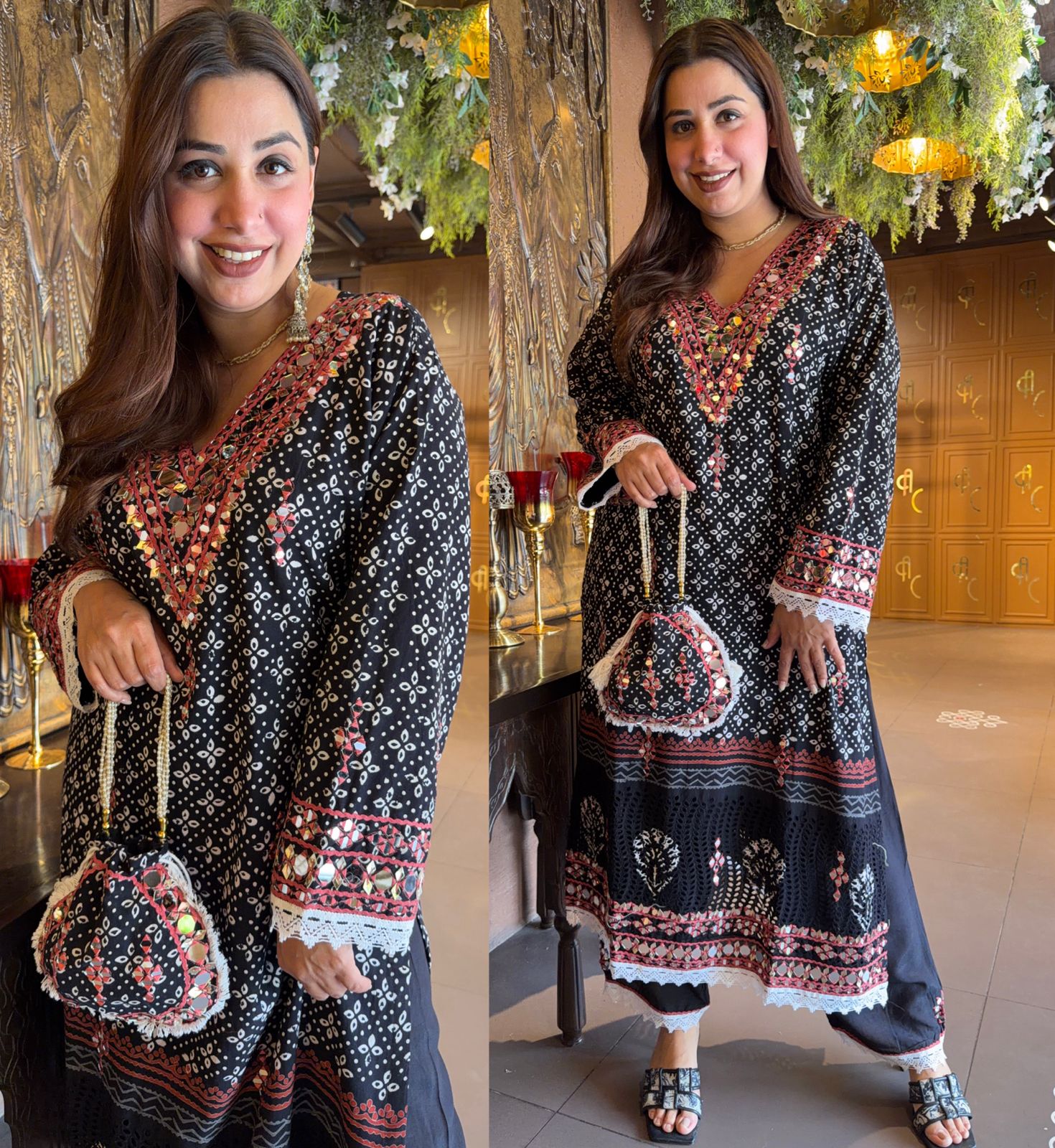 BLACK HAND BLOCK PRINTED MIRROR WORK SET