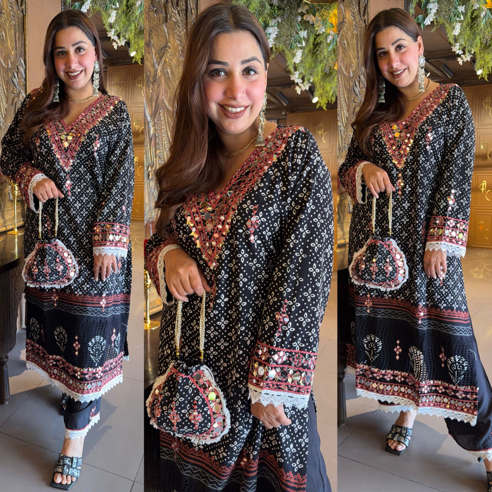 BLACK HAND BLOCK PRINTED MIRROR WORK SET