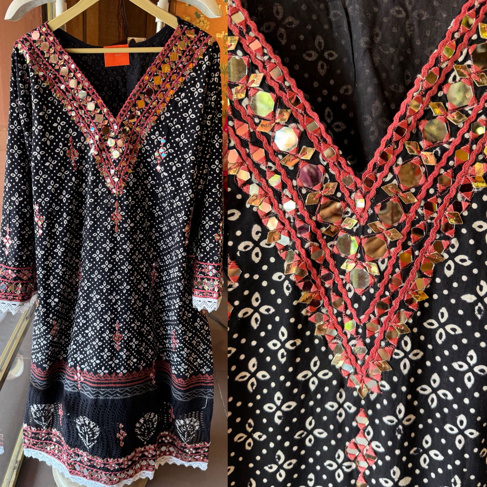 BLACK HAND BLOCK PRINTED MIRROR WORK SET