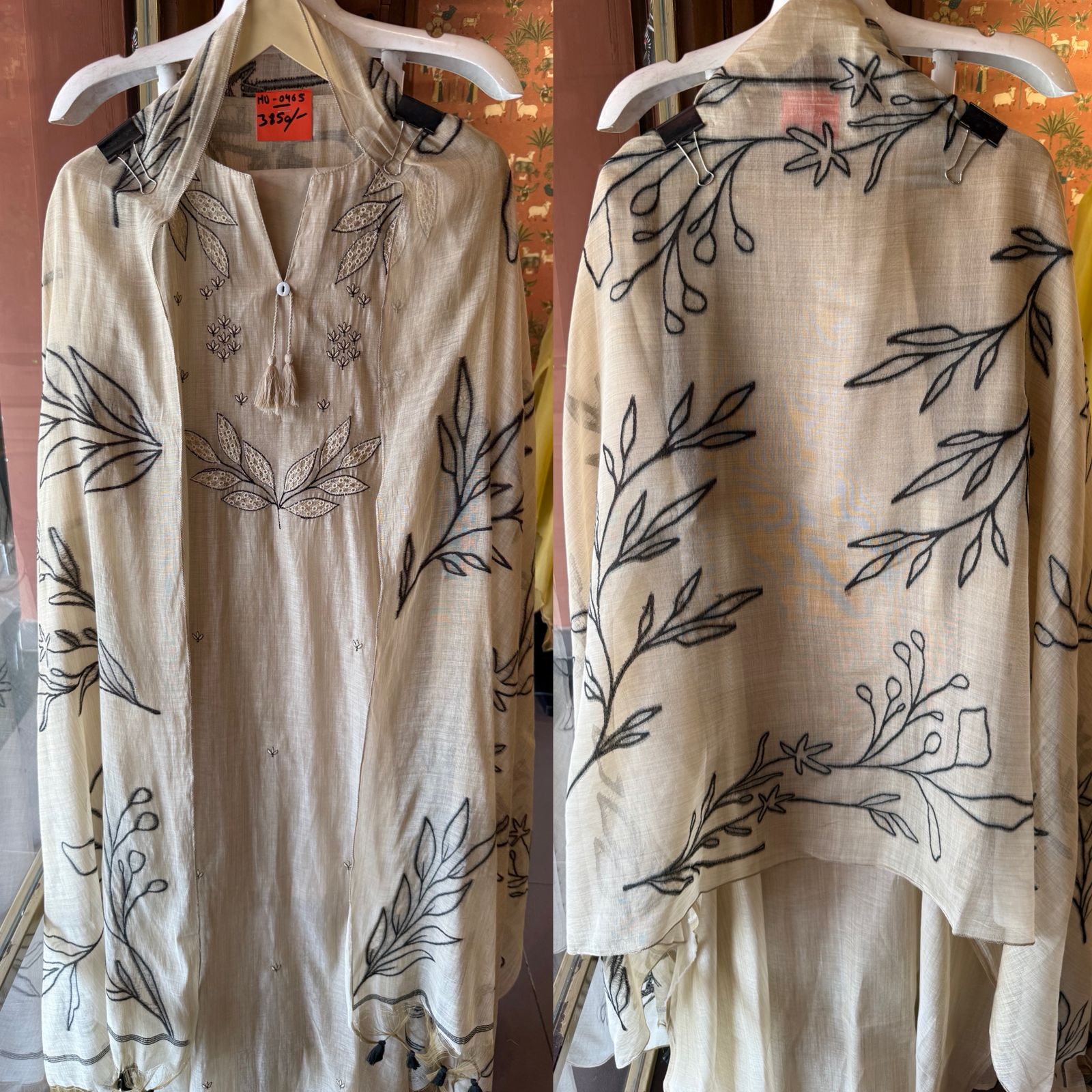 BEIGE  HAND CRAFTED LINEN UNSTITCHED SUIT SET