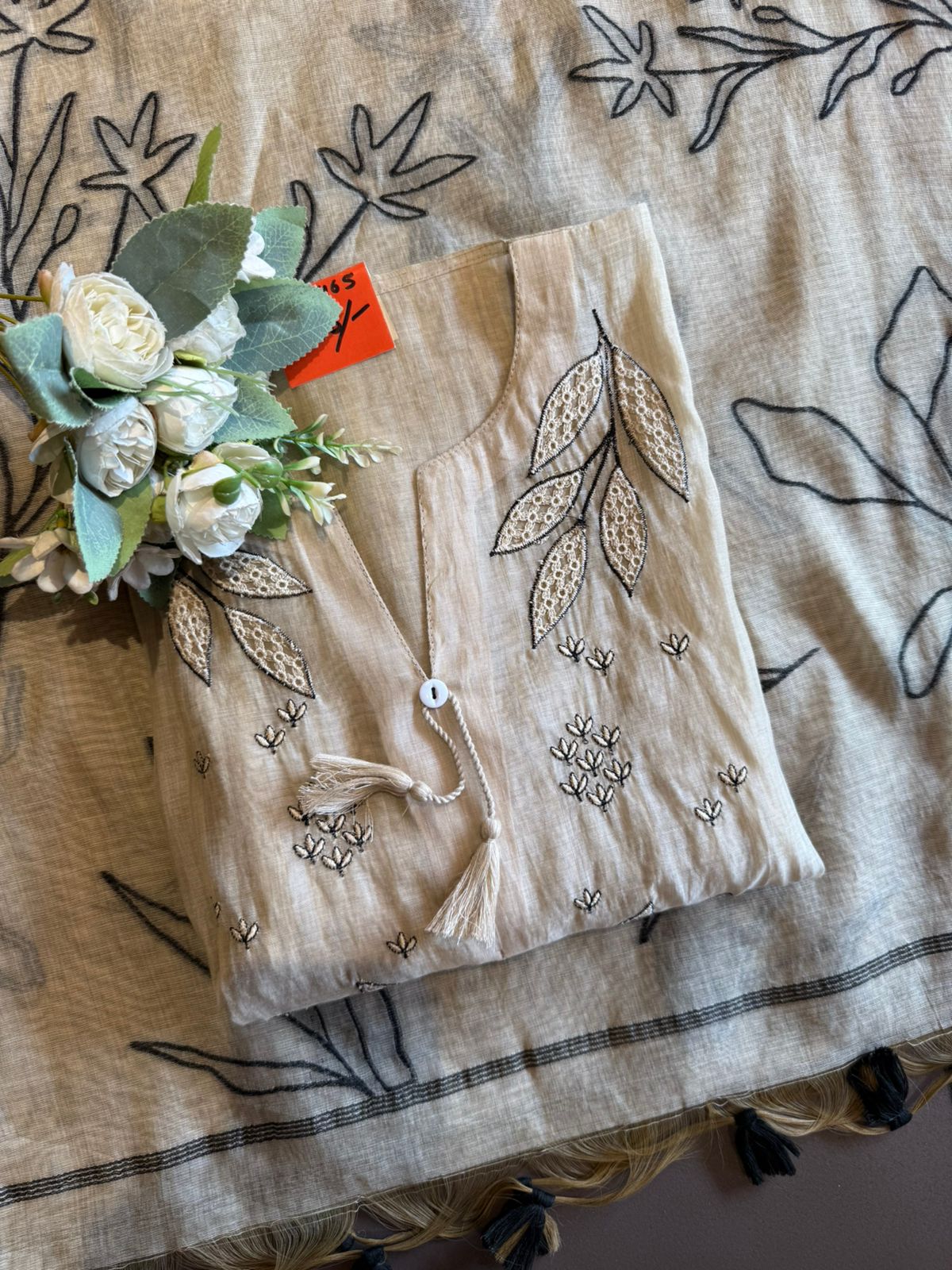 BEIGE  HAND CRAFTED LINEN UNSTITCHED SUIT SET