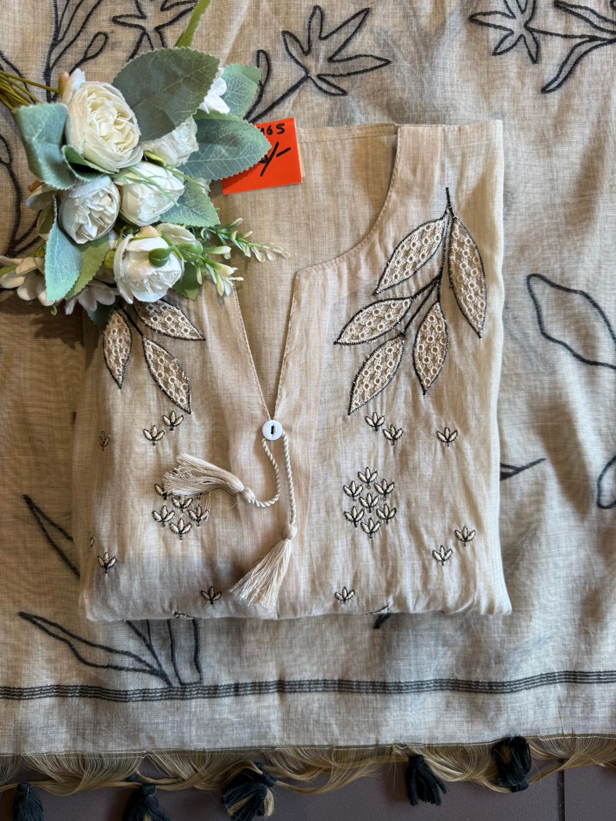 BEIGE  HAND CRAFTED LINEN UNSTITCHED SUIT SET