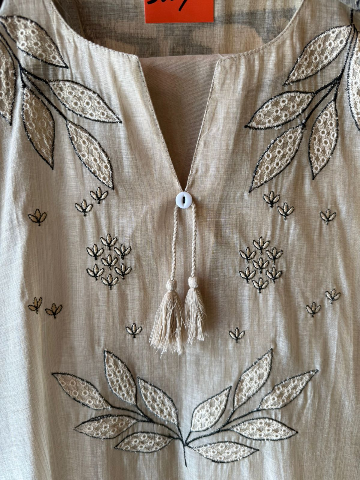 BEIGE  HAND CRAFTED LINEN UNSTITCHED SUIT SET
