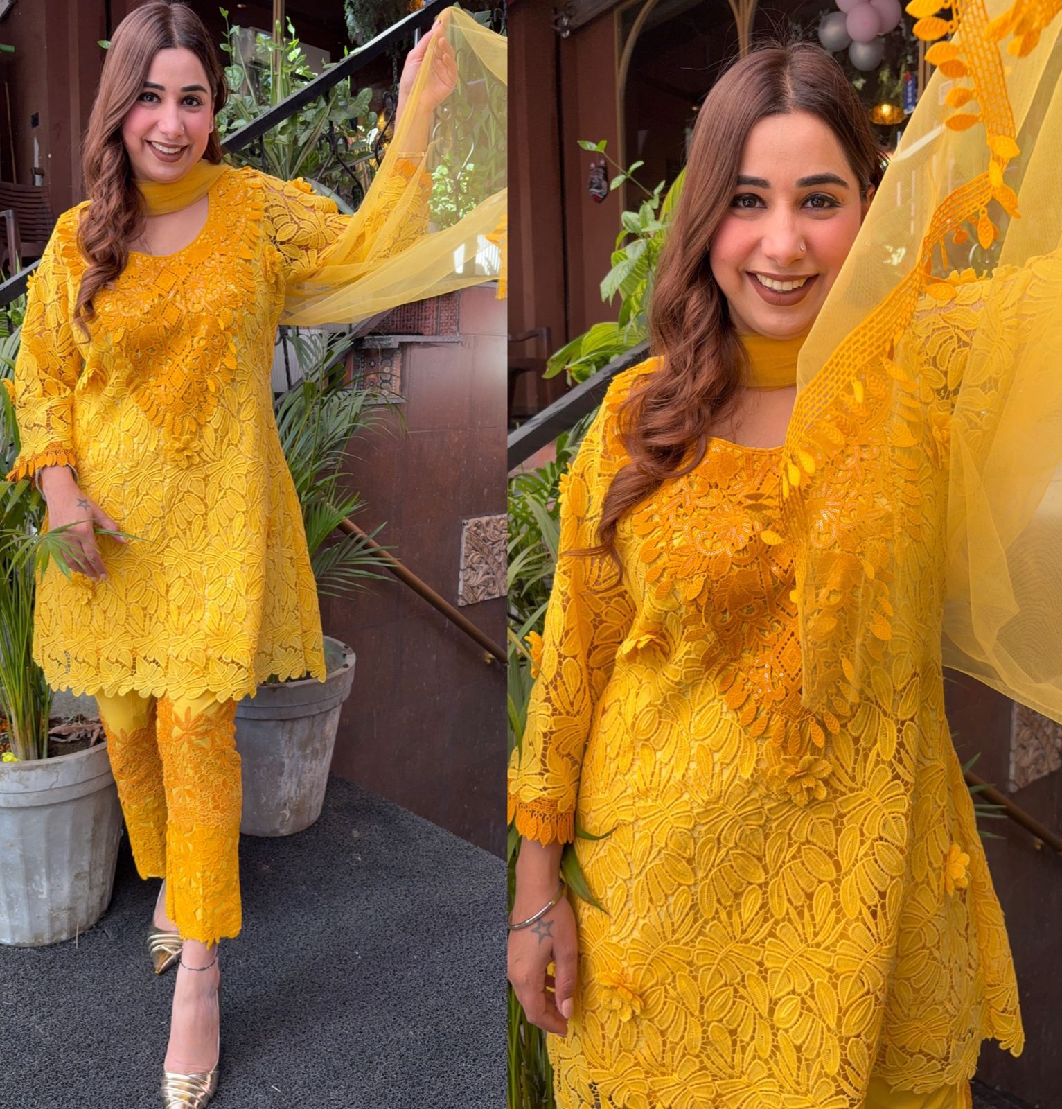 Dual-Tone Cotton Suit with Crochet Front & Back