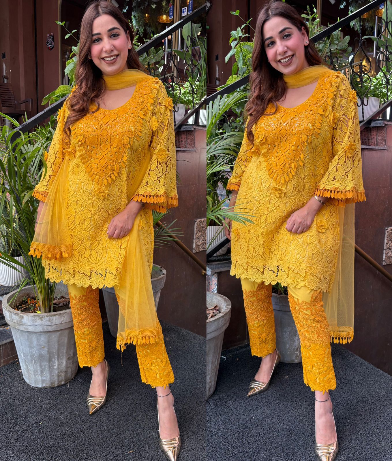 Dual-Tone Cotton Suit with Crochet Front & Back