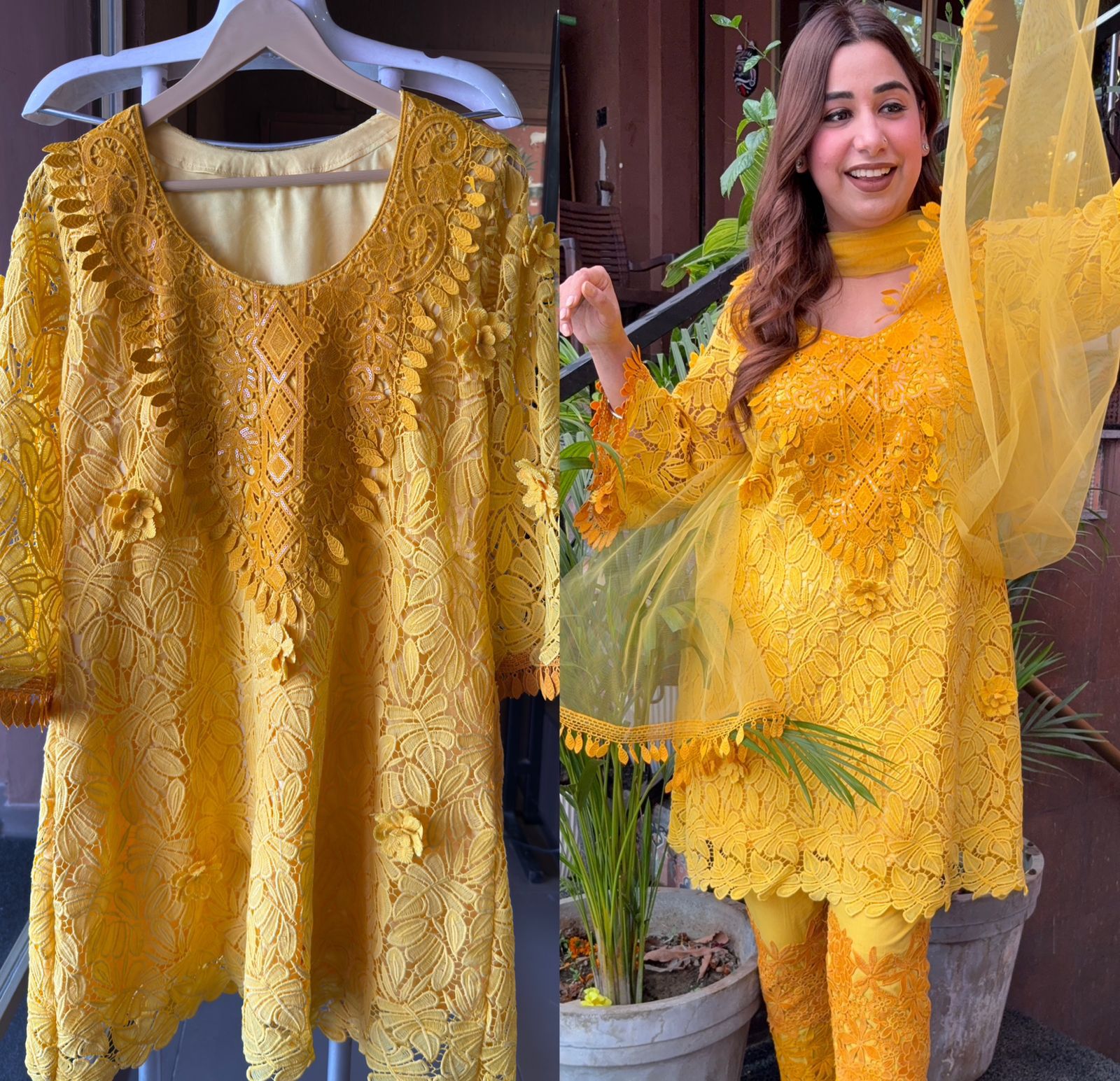 Dual-Tone Cotton Suit with Crochet Front & Back