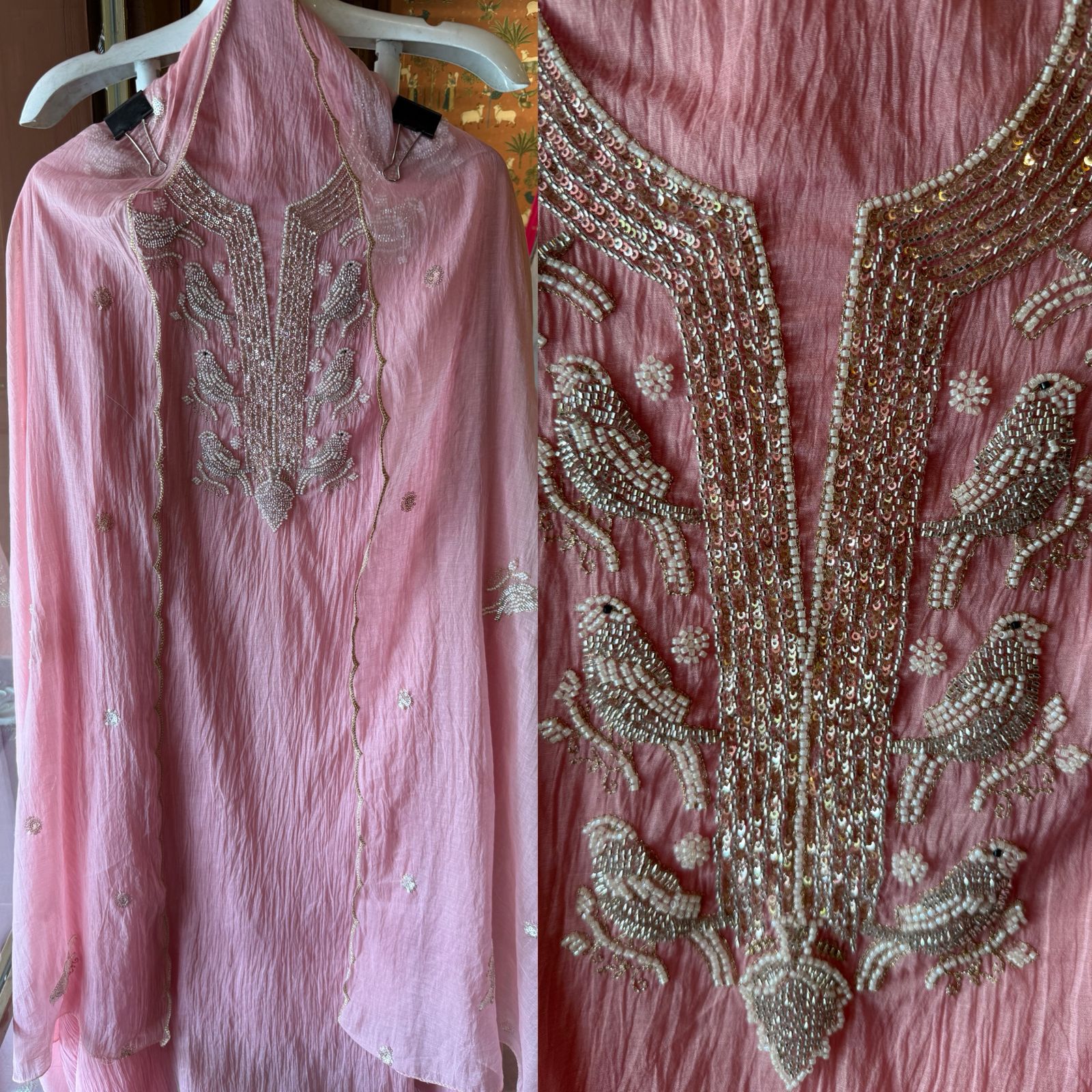 Hand Embellished Bird Unstitched suit Set