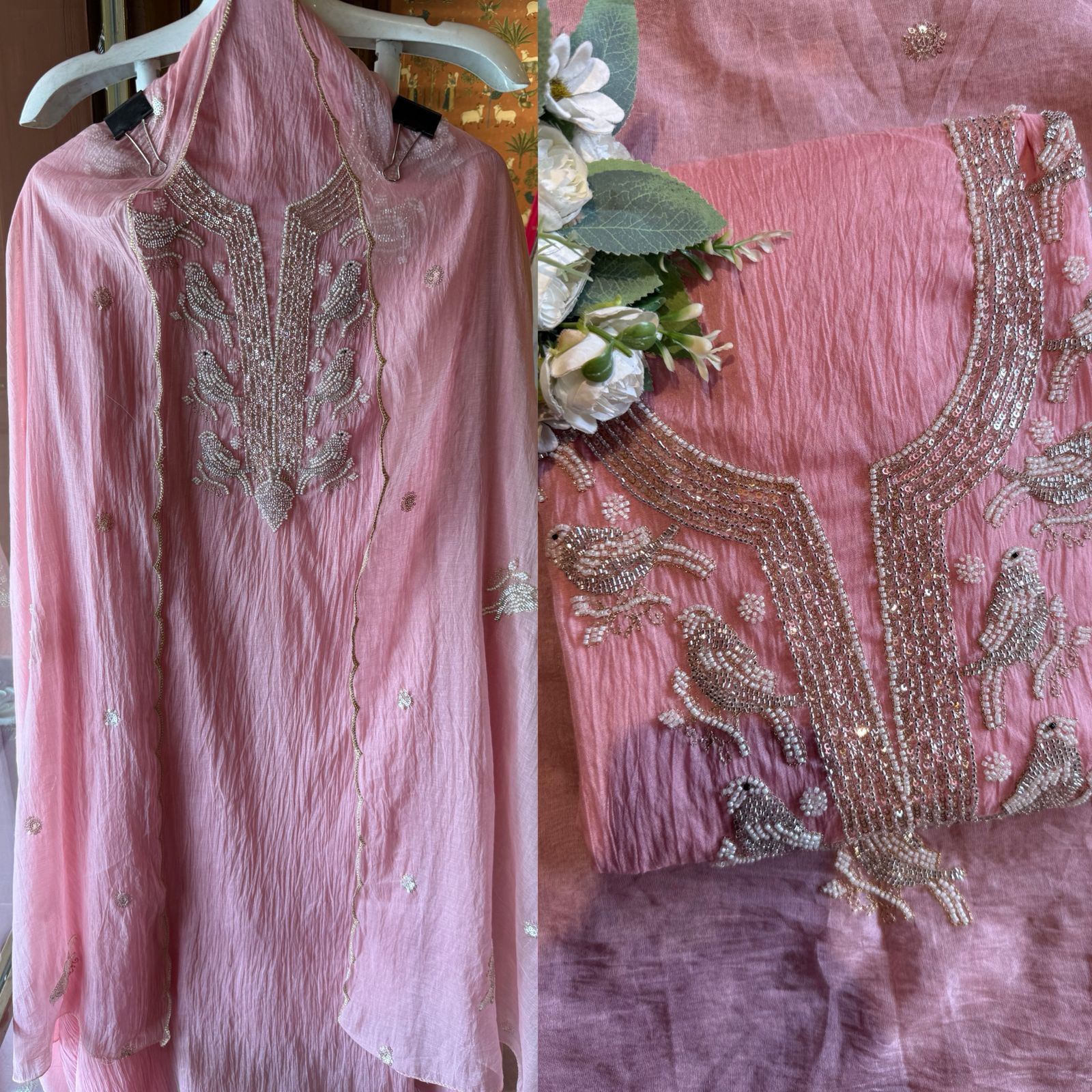 Hand Embellished Bird Unstitched suit Set