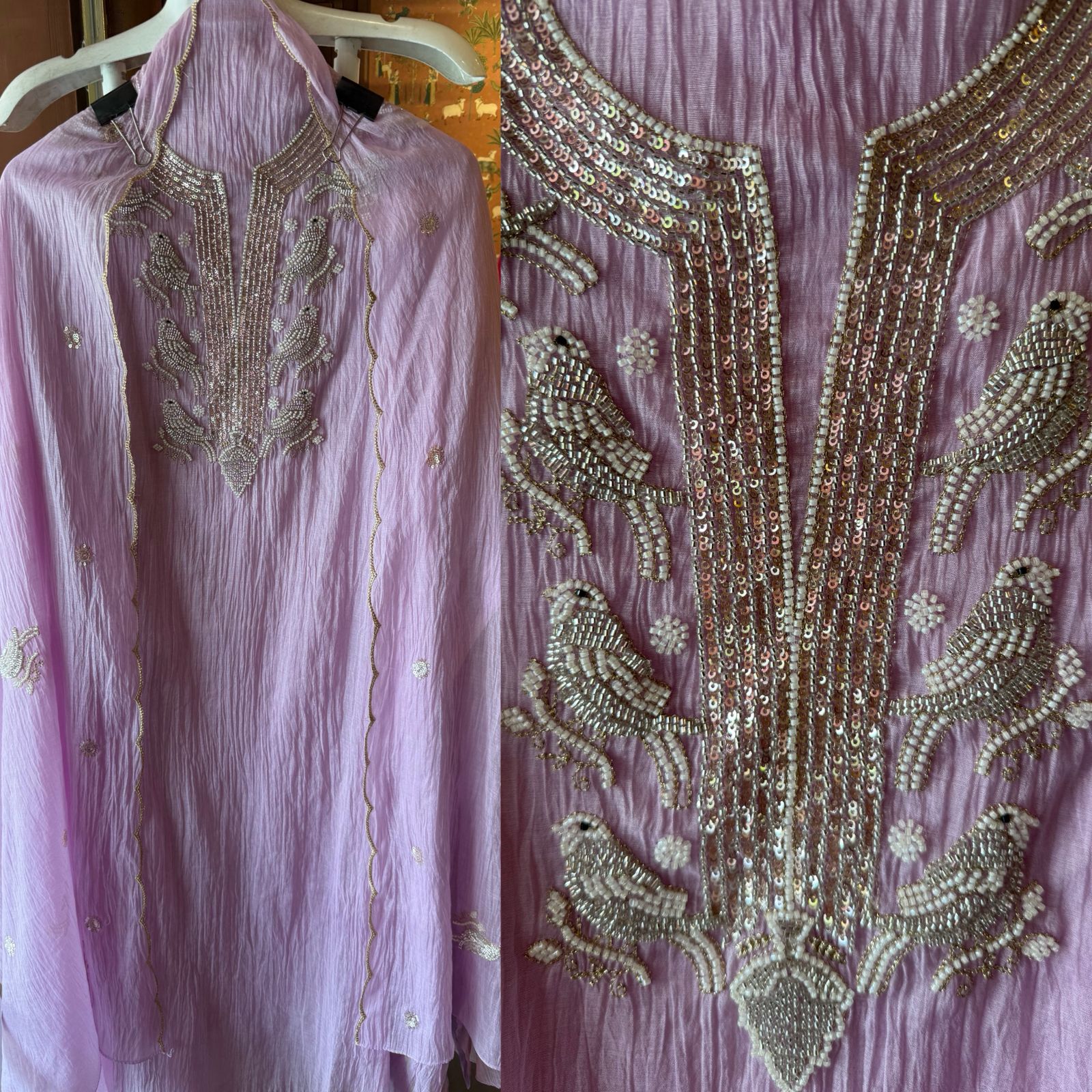 Hand Embellished Bird Unstitched suit Set