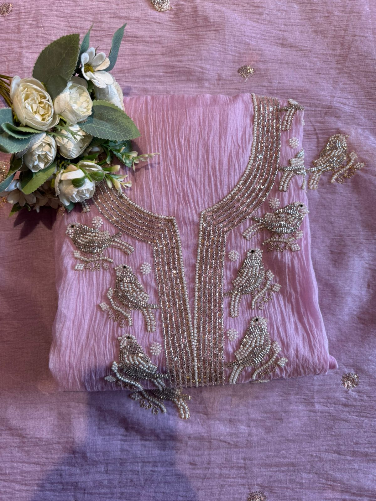 Hand Embellished Bird Unstitched suit Set