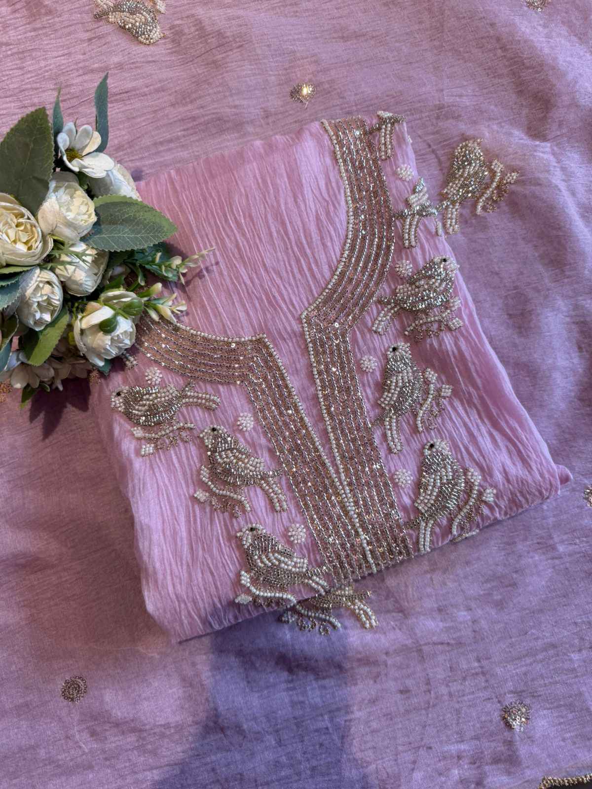 Hand Embellished Bird Unstitched suit Set