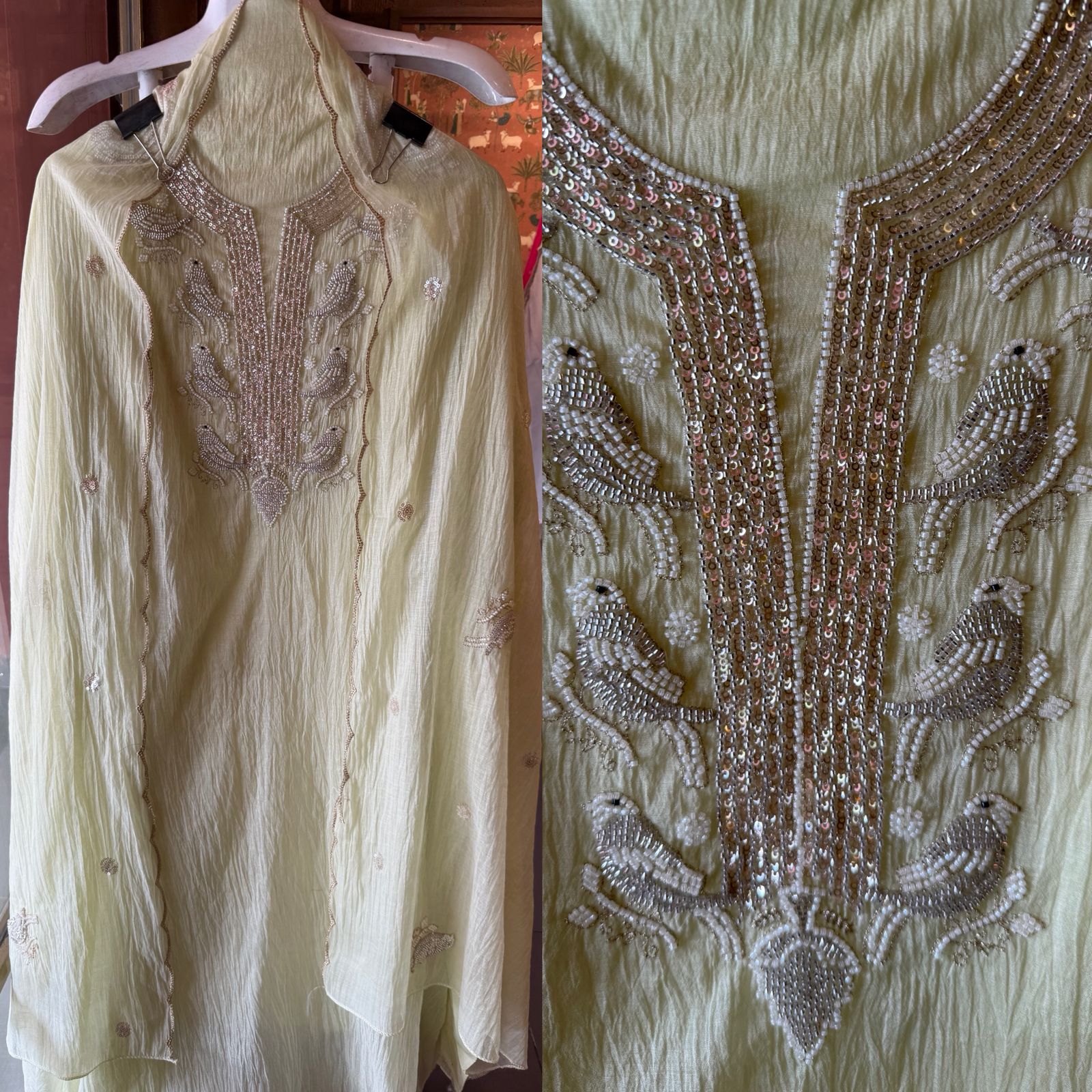 Hand Embellished Bird Unstitched suit Set